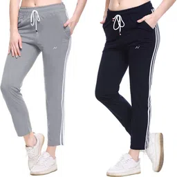 afronaut Pack of 2 Women Striped Grey, Dark Blue Track Pants image 1