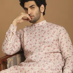 manyavar Men Floral Print Viscose Rayon Straight Kurta image 2