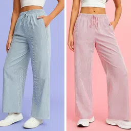 uniqvibs Pack of 2 Women Regular Fit Blue, Pink Pure Cotton Trousers-picture-34