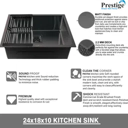 prestige ( 24"x18"x10") HANDMADE MATT FINISH SINGLE BOWL STAINLESS STEEL KITCHEN SINK (BLACK) with Waste Coupling And Drain Basket , Vessel Sink (Black) Vessel Sink image 3