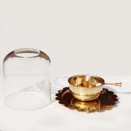 pure source (india) 5.5-inch Akhand Jyot Diya Oil Lamp with Adjustable Wick & Glass Cover Lid Brass, Glass Table Diya image 4