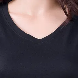 fashinks Women Solid V Neck Cotton Blend Black T-Shirt image 5