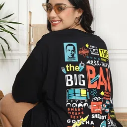 metronaut Printed Women Round Neck Cotton Blend Black T-Shirt image 2