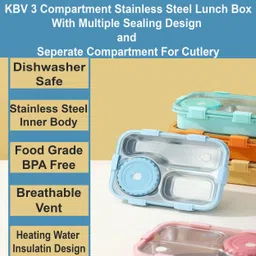 kbv Stainless Steel Lunch Box, Office & School Lunch Box Leak Proof, Bento Style 3 Containers Lunch Box image 3