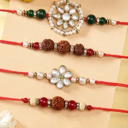 KARATCART Set of 4 Gold Plated & Red Handmade Kundan Rakhi-picture-18