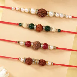 KARATCART Set of 4 Gold Plated & Red Handmade Kundan Rakhi-picture-53