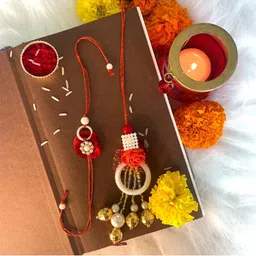 I Jewels Men Red Set Of 2 Pearl Studded & Beaded Lumba & Rakhi-picture-11