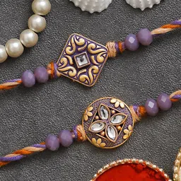 eCraftIndia Set Of 2 Stone Studded Thread Rakhis With Roli Chawal image 2