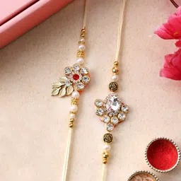 PANASH Set Of 2 Gold Plated Floral Shaped Rakhi with Roli Chawal With Roli Chawal image 2