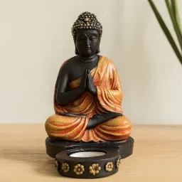 casacraft from pepperfry Ashnam Buddha Figurine with T-Light Holder - Black & Orange, 25.4cm image 1