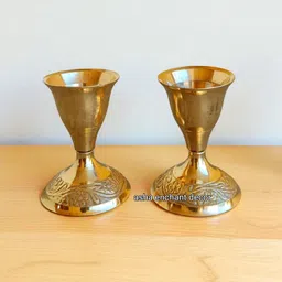 asha enchant decor Handcrafted Brass Candle Holders with Emboss Base Brass 2 - Cup Candle Holder Set image 2