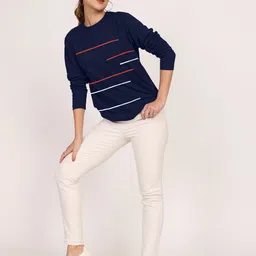 just roar Women Striped Round Neck Cotton Blend Navy Blue T-Shirt image 4