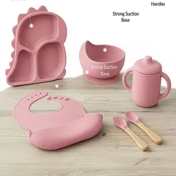 isupta Bone China 6-Piece Silicone Baby Feeding Set with Suction Base and Wooden Handles Dinner Set image 3
