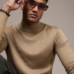 roadster Men Solid Turtle Neck Brown Sweater-picture-28