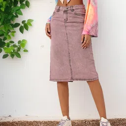 DressBerry Women Urban Vibe Back Slit Denim Faded A-Line Skirt-image-87
