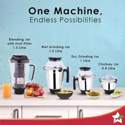 WONDERCHEF Galaxy 750 Watt 4 Jars Mixer Grinder (Copper Motor, Black and Grey) image 4