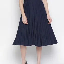 Oxolloxo Women Navy Blue Solid Pleated Flared Midi Skirt-picture-33