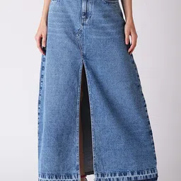 Globus Front Slit Fringed A-Line Maxi Denim Skirt-picture-11