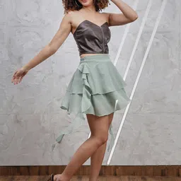 Athena Green Layered Detailed Flared Mini Skirt image 5