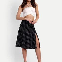 ESSQUE Polka Dot Printed Front Slit A-Line Midi Skirt image 4