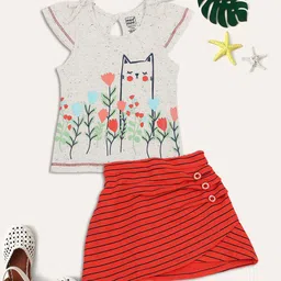 MeeMee Girls Red & White Printed Pure Cotton Top with Skirt-image-39