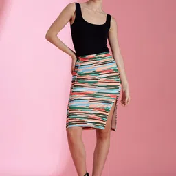 Stylecast X Kotty Blue & Green Abstract Printed Pencil Type Knee-Length Skirts image 2