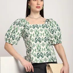 r&b Casual Puff Sleeves Printed Women Green, White Top-picture-11