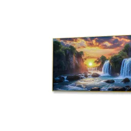 nestroots Gold Canvas Framed Serene Sunset Over Waterfall Bridge Wall Painting image 5