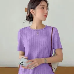 vynoraa Women Striped Round Neck Cotton Blend Purple T-Shirt image 2
