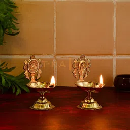t-ka108 Shanku Chakra Kuber Deepam for Home Pooja Decor Brass (Pack of 2) Table Diya Set image 2