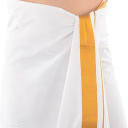 Gugaliya Premium White Cotton Men’s Single Open Dhoti with Broad 5 cm Golden Jari Border Solid Men Dhoti image 3