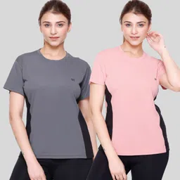 white moon Pack of 2 Women Colorblock Round Neck Polyester Grey, Pink T-Shirt image 1
