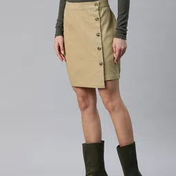popnetic Women Solid Pencil Beige Skirt image 3