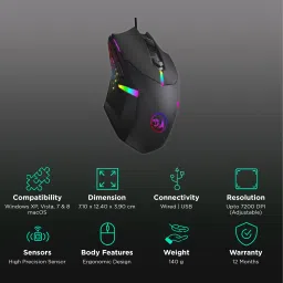 REDRAGON Centrophorus Wired Optical Gaming Mouse (7200 DPI Adjustable, Ergonomic Design, Black) image 2