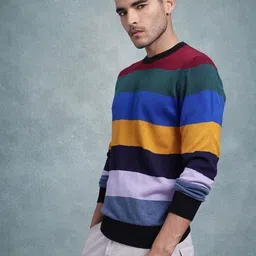 roadster Men Striped Round Neck Multicolor Sweater image 3