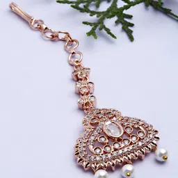 KARATCART Rose Gold-Plated AD-Studded & Pearl Beaded Maang Tikka-image-27