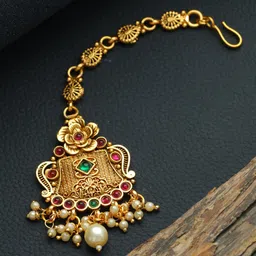 Jazz and Sizzle Gold-Plated Green & Red Stone-Studded Beaded Temple Maang Tikka image 1