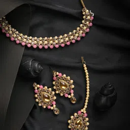 Priyaasi Gold-Plated Pink Kundan Stone Studded Handcrafted  Jewellery Set image 1
