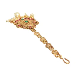 Jazz and Sizzle Gold-Plated Green & Red Stone-Studded Beaded Temple Maang Tikka image 4