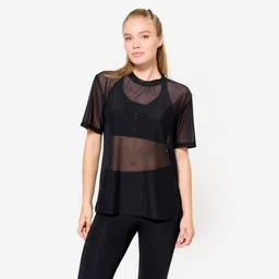 Loose - Fit Mesh Women's Gym T-Shirt- Smoked Black-image-37