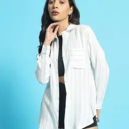 chimpaaanzee Women Oversized Fit Striped Spread Collar Casual Shirt-picture-11