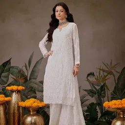 ada Women Chikan Embroidery, Embroidered Georgette Straight Kurta image 1