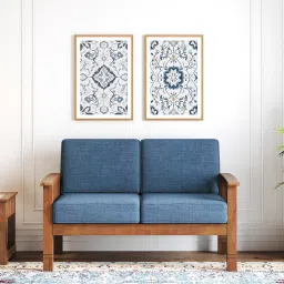 urban ladder Raynor 2 Seater Wooden Sofa, Finish- Amber Walnut, Fabric - Midnight Indigo Blue image 1