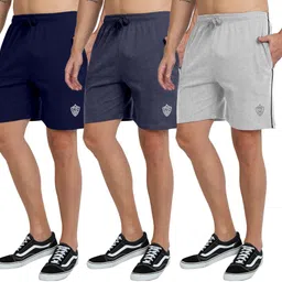 Pack of 3 Solid Men Dark Blue, Blue, Grey Basic Shorts-image-1