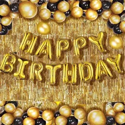 mooke Solid Happy Birthday Golden Foil Letter Balloons(13 foil latter 1 pack)With 21Pcs Black Gold Balloons And 2 Pcs Golden Metallic Fringe Shiny Curtains(Pack Of 36) Balloon-picture-23