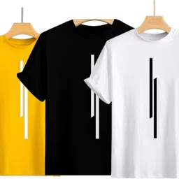 p collection Pack of 3 Men Printed Round Neck Polyester Yellow, Black, White T-Shirt-picture-28