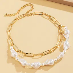 Yellow Chimes Gold Toned Multilayer White Pearl Stone Chain Necklace image 1