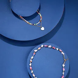 Yellow Chimes Set of 2 Pink & Gold-Toned Heart & Pearl Charm Necklace-picture-30