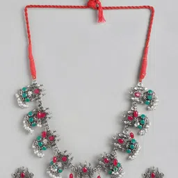 Anouk Oxidized Silver & Pink Stone Studded & Beaded Necklace-picture-11