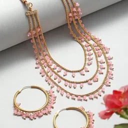 ZENEME Gold-Plated Pink Pearl Drop 3 Intricate Layered Jewellery Set-image-30